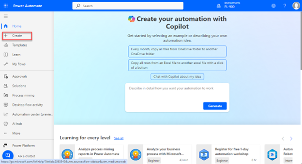 Screenshot of Power Automate maker portal screen after having selected the + Create button.