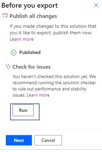 Screenshot of the Before you export dialog with the Run button highlighted.