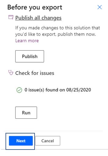 Screenshot of the Before you export dialog with the Next button highlighted.