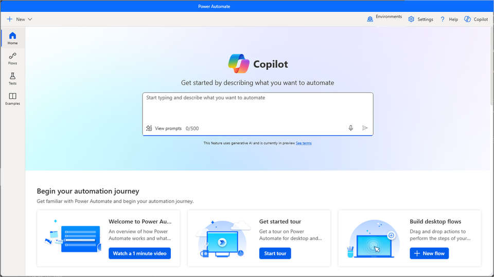 Screenshot of the New flow button in the console.
