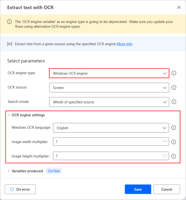 Screenshot of the Tesseract options in the Extract text with O C R action.