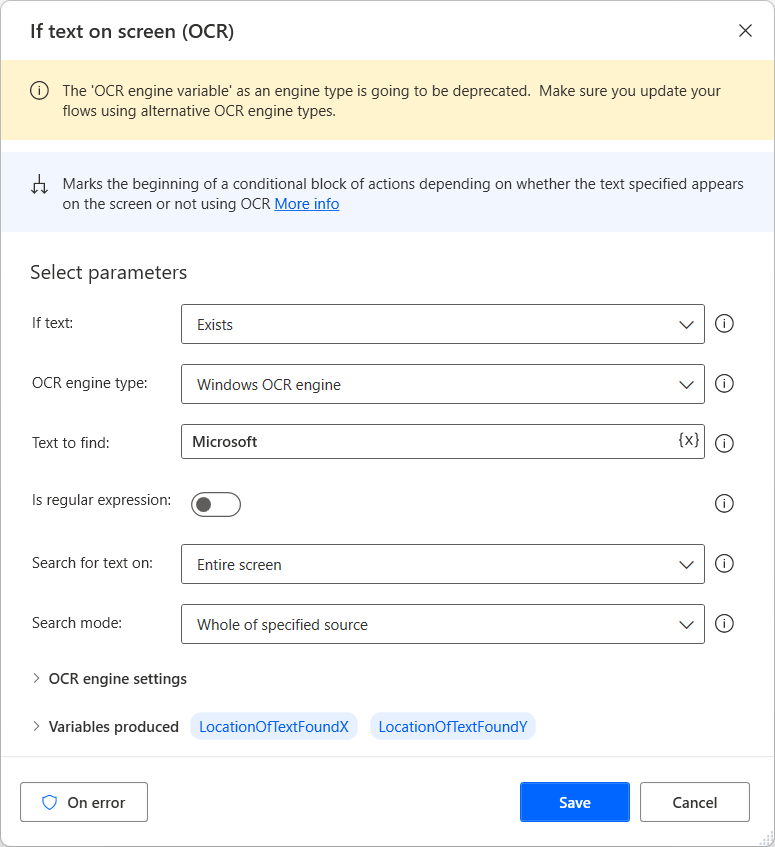 Screenshot of the If text on screen action.
