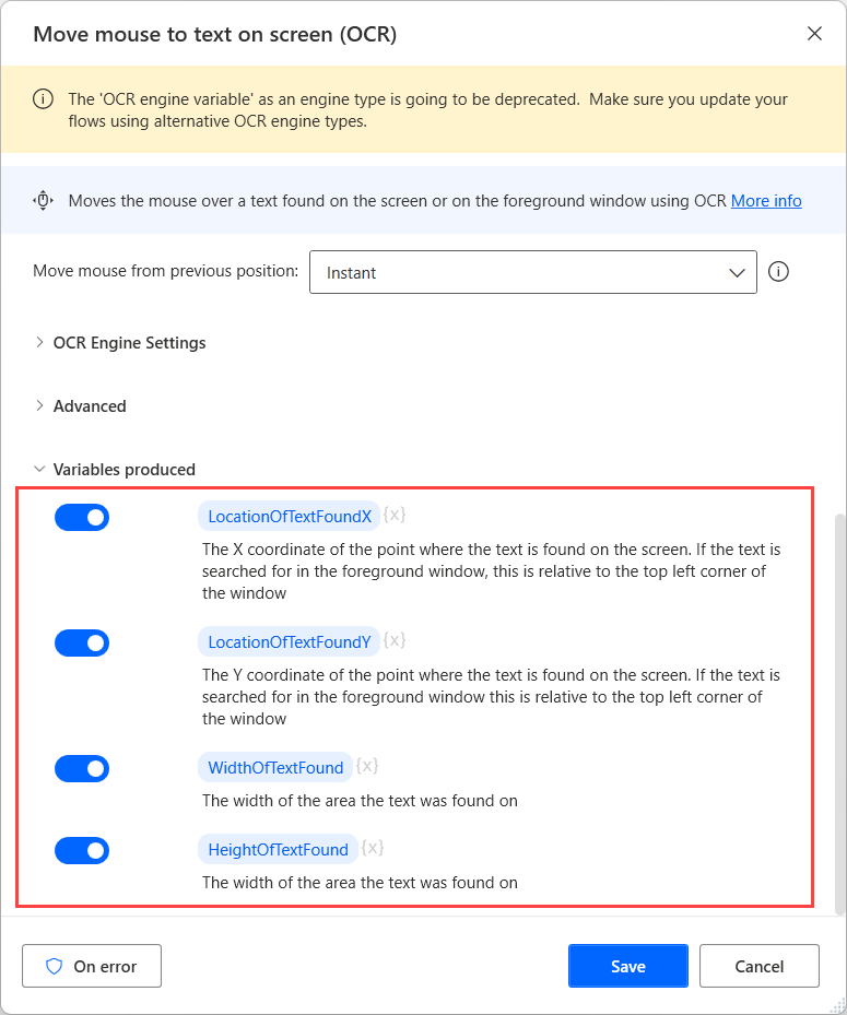 Screenshot of the produced variables of the Move mouse to text on screen action.
