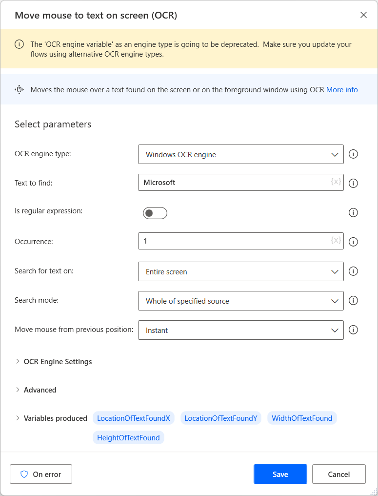 Screenshot of the Move mouse to text on screen action.