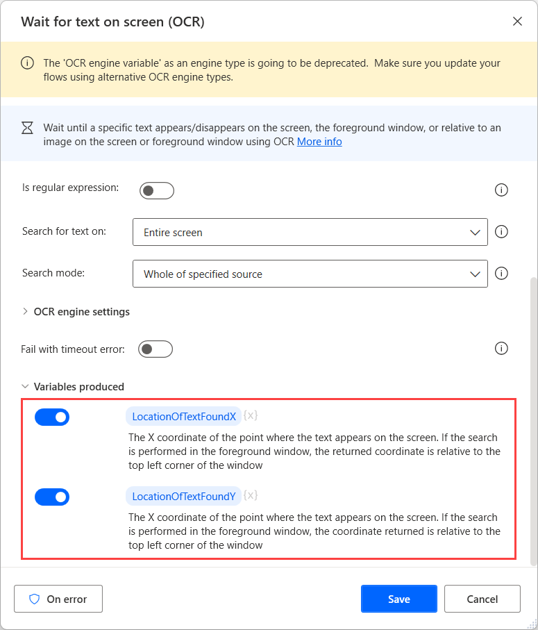 Screenshot of the produced variables of the Wait for text on screen action.