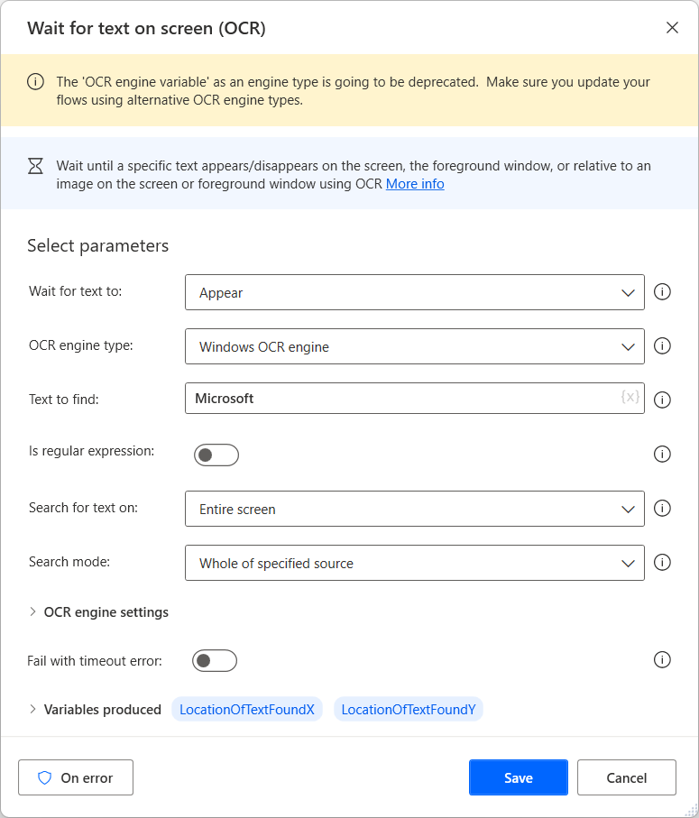 Screenshot of the Wait for text on screen action.
