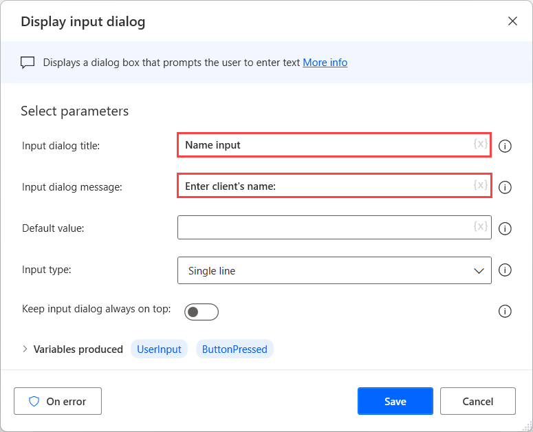 Screenshot of the Display input dialog action.