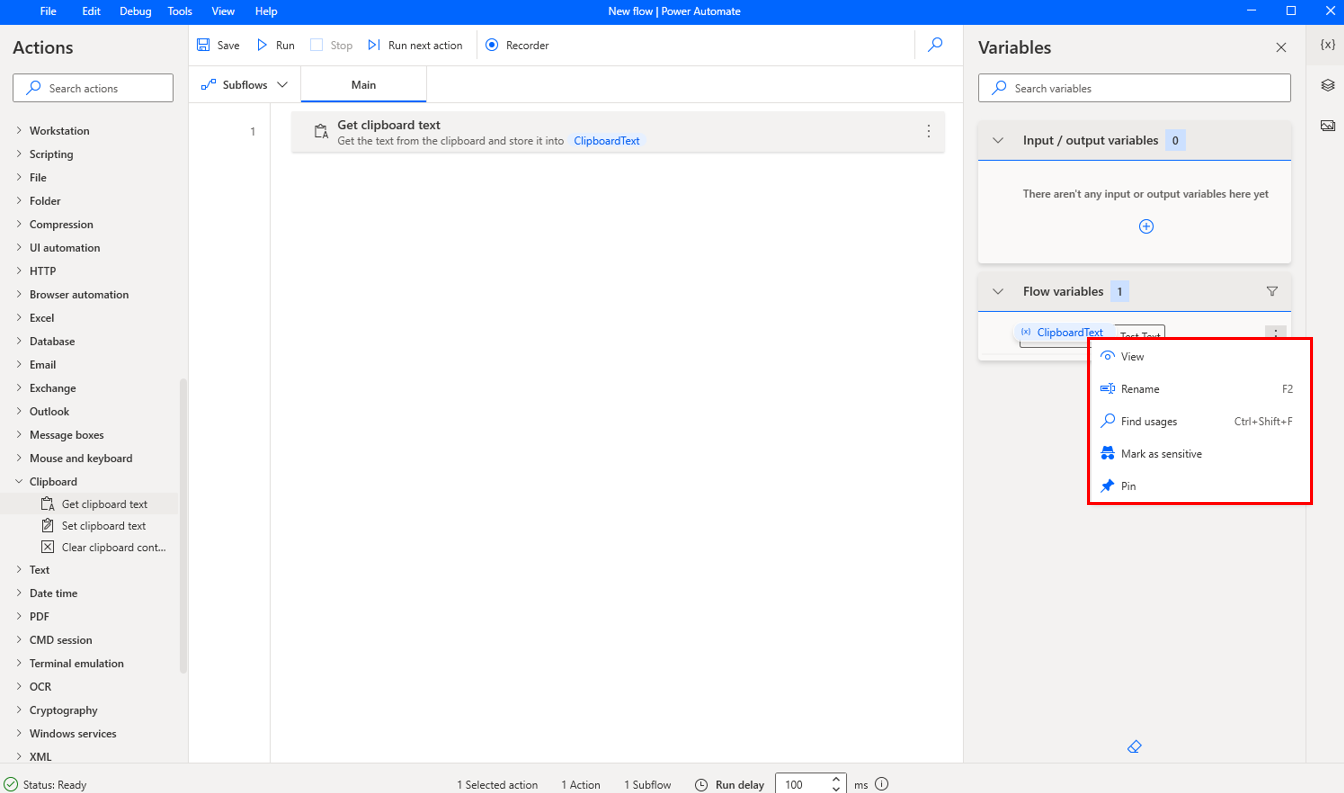 Screenshot of the Rename and Find usages options of the variable.