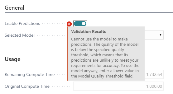 Screenshot of Validation Results message about low quality model.