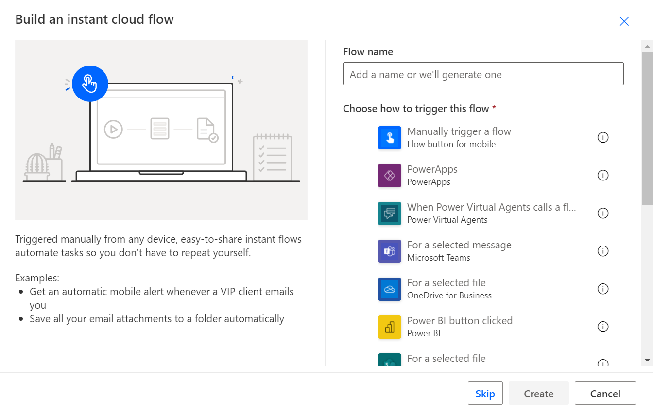 Screenshot showing instant cloud flow triggers such as Flow button for mobile, Power Apps, Power Virtual Agents, For a selected file in SharePoint, and For a selected item in Dataverse.