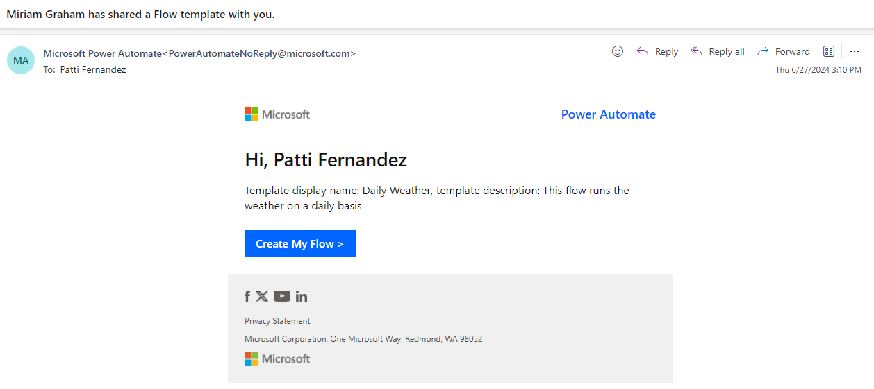 Screenshot of the email notification that a flow is sent to you as a copy.