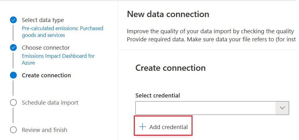 Screenshot of the Create connection screen, showing the Add credential option selected.