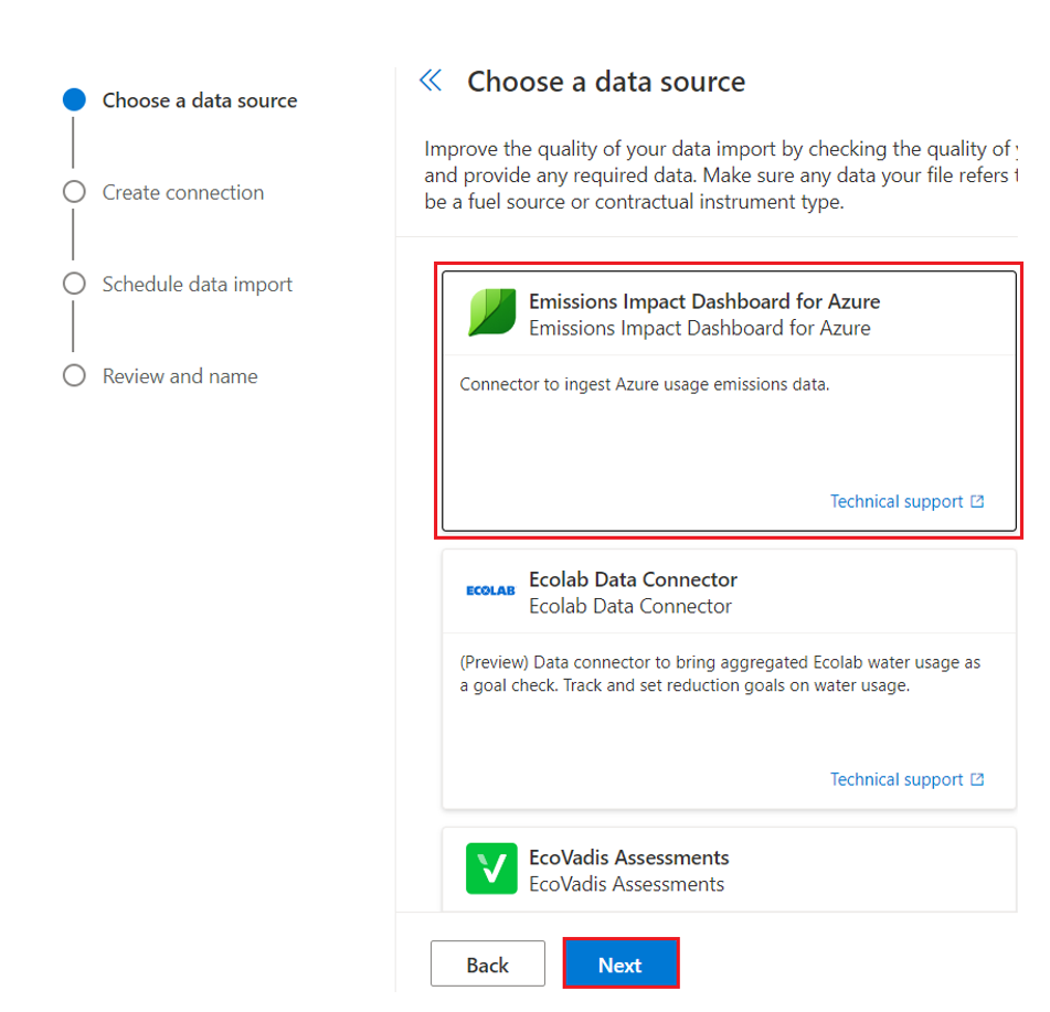 Screenshot of the Emissions Impact Dashboard for Azure connector selected.