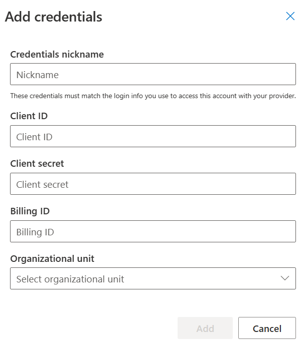 Screenshot of the Add credentials dialog.