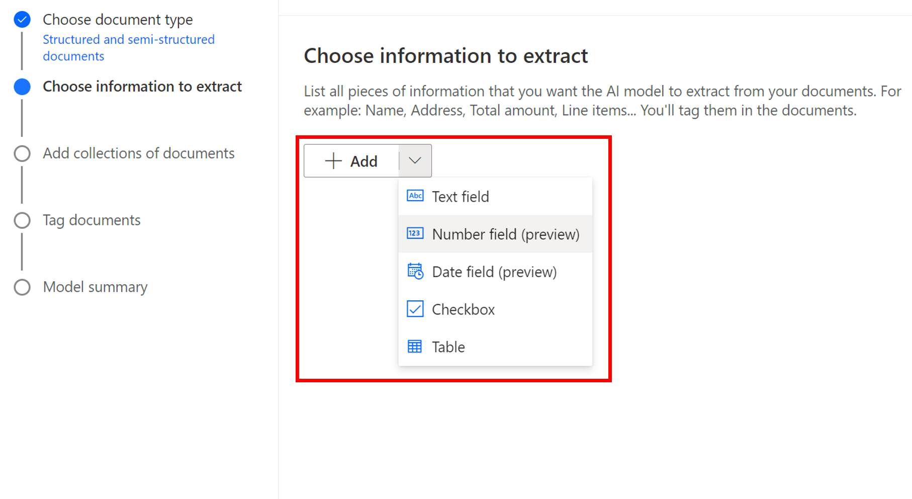 Screenshot of the Choose information to extract dialog box.