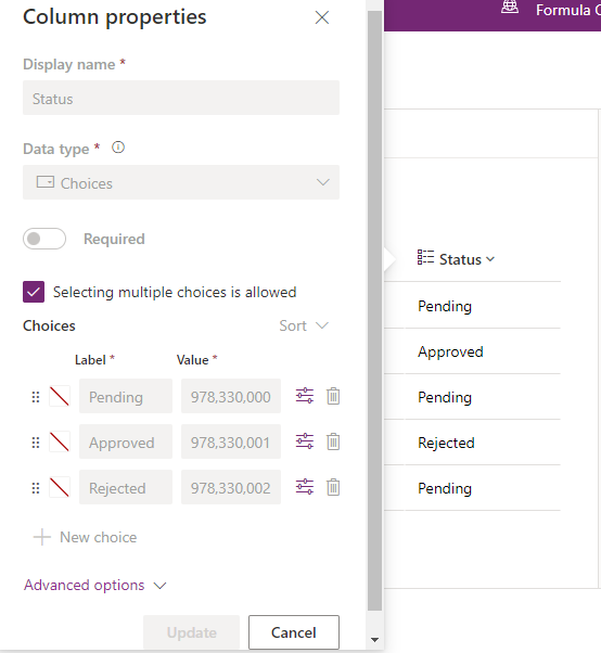 Screenshot of the Column properties screen.