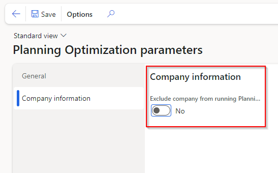  Screenshot of the Planning Optimization parameters page for Company information.