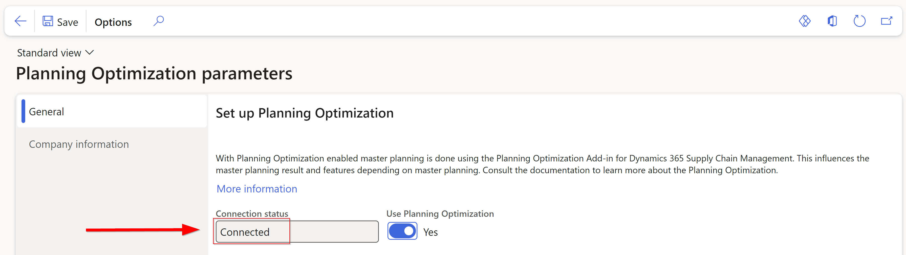  Screenshot of the Planning Optimization parameters page.
