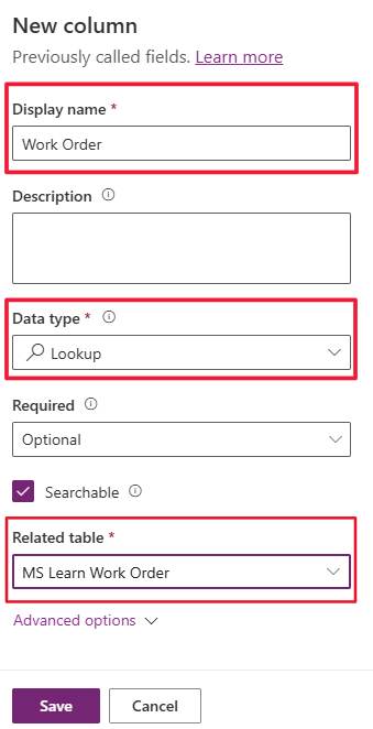 Screenshot of the New Column pane with focus on the Display name, Data type, and Related table fields.