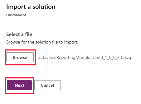 Screenshot of the Import a solution form. Focus is on the Browse and Next options.