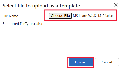 Screenshot of the Select file to upload as a template form, highlighting the Choose File and Upload options.