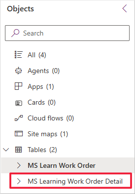 Screenshot of the Objects pane with focus on the MS Learn Work Order Details table.