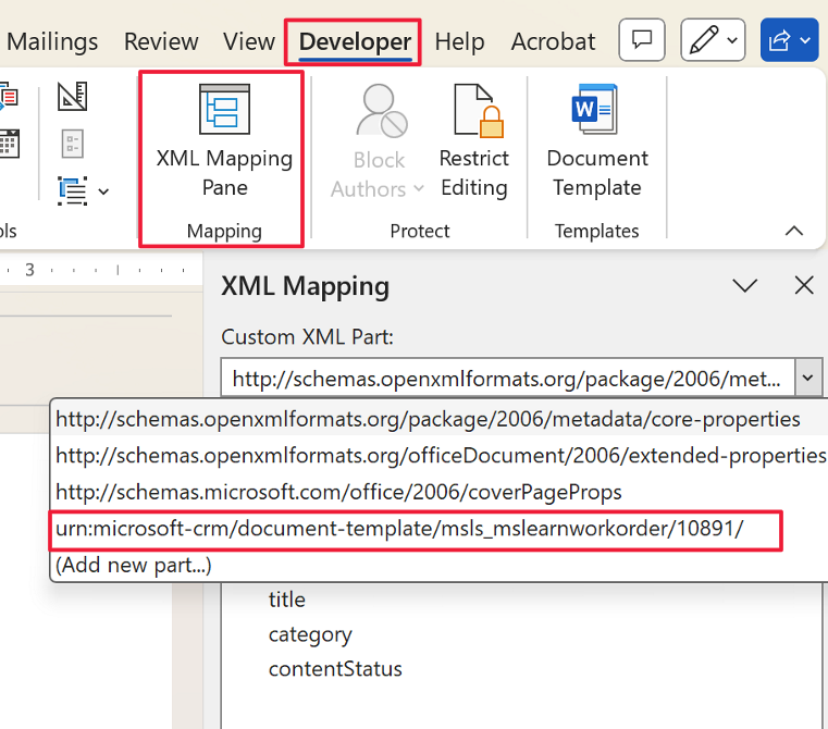 Screenshot of the Power Apps portal. Focus is on the XML mapping pane.
