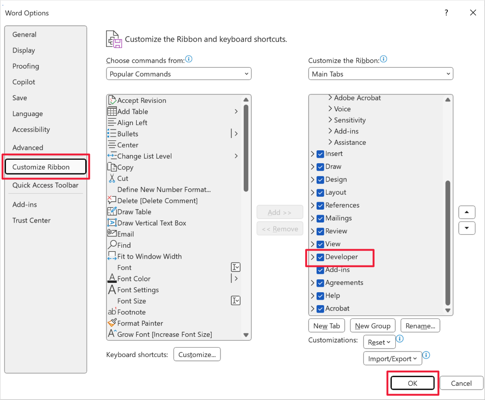 Screenshot of the Word Options form. Focus is on the Developer option under the Customize Ribbon section and on the OK option.