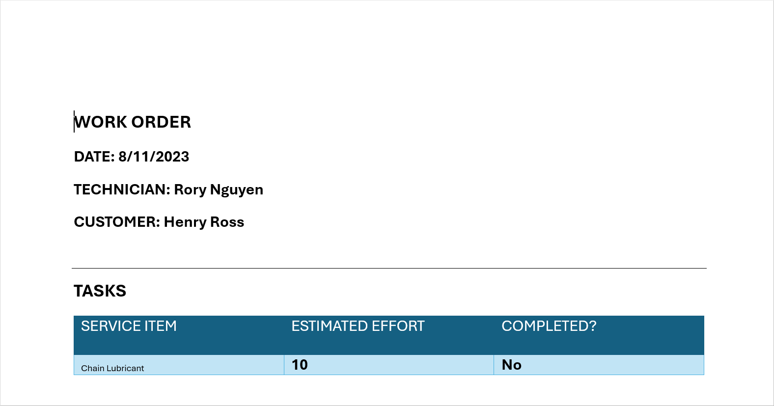 Screenshot of the Word document that generated from the template with the header, labels, and data from the selected record and formatting applied.