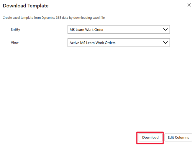 Screenshot of the Download Template form, showing the Download option.