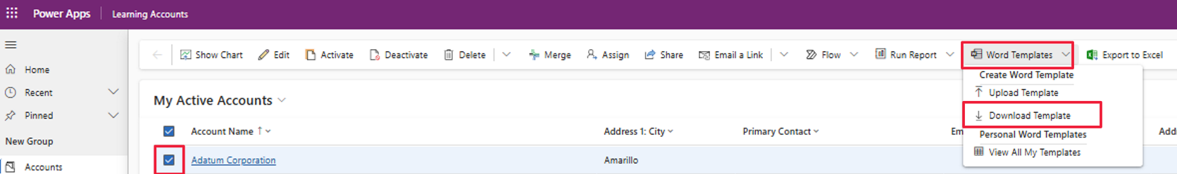 Screenshot of a sample model-driven app, displaying a list of active accounts and the first record selected. Focus is on the Download Template option of the Word Templates dropdown menu.