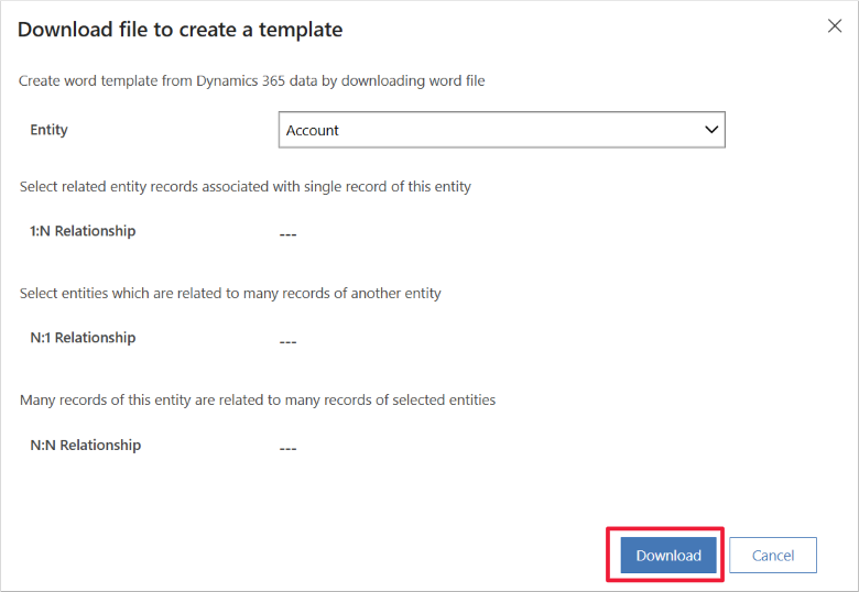Screenshot of the Download file to create a template form. Focus is on the Download option.