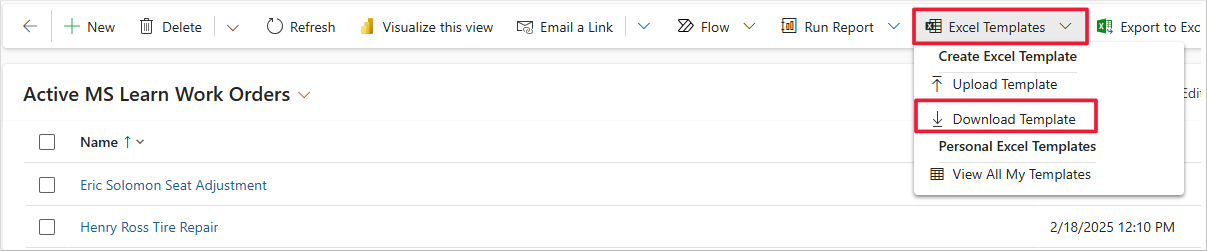 Screenshot of a sample model-driven app, displaying a list of active sales forecasts. Focus is on the Download Template option from the Excel Templates menu.
