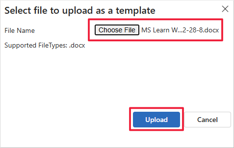 Screenshot of the Select file to upload as a template form. Focus is on the Choose File and Upload options.