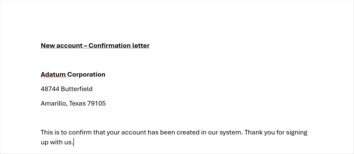 Screenshot of the Microsoft Word document that's generated from the template with header, labels, data from the selected record, and formatting applied.