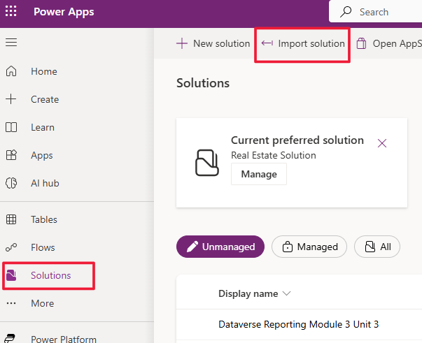 Screenshot of the Power Apps portal left navigation pane. Focus is on the Solutions and Import solution menu options.