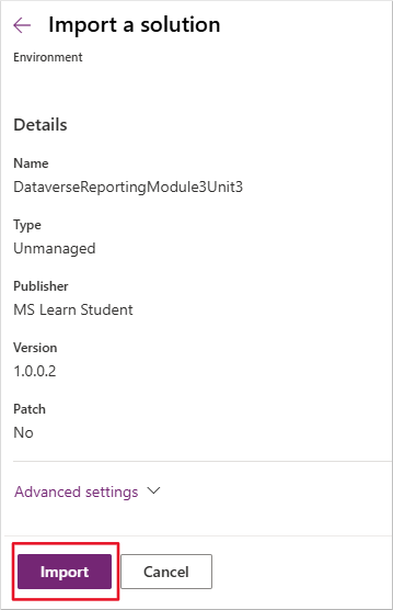 Screenshot of the Import a solution form. Focus is on the Import option.