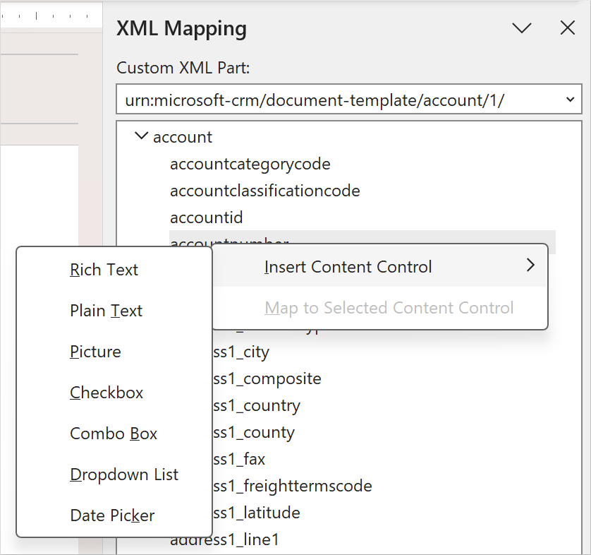 Screenshot of Microsoft Word. Focus is on the Plain Text and Picture options under the Insert Content Control menu in the XML Mapping pane.