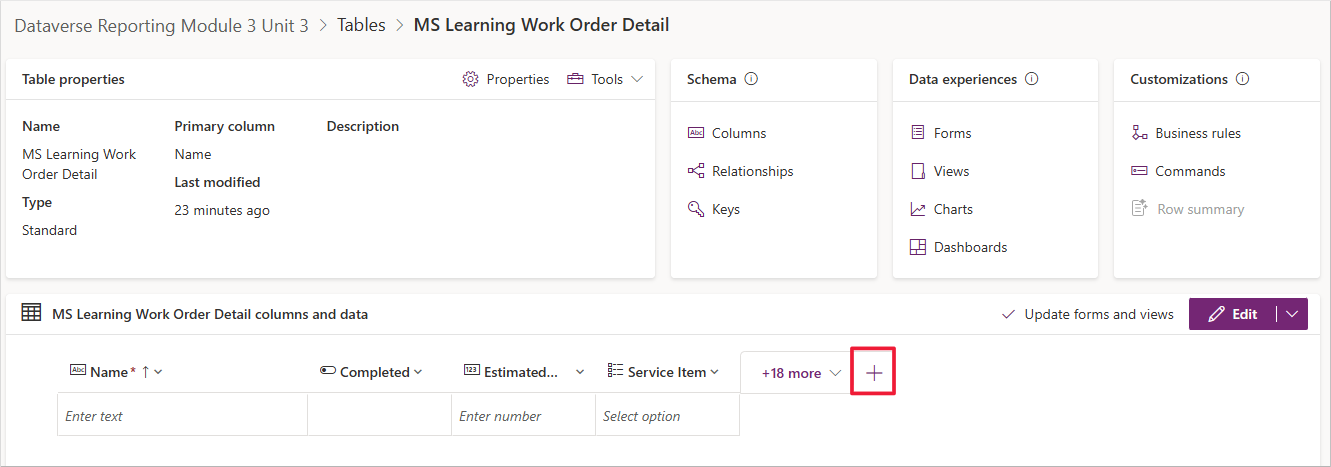 Screenshot of the MS Learning Work Order Detail table with focus on the add new table.