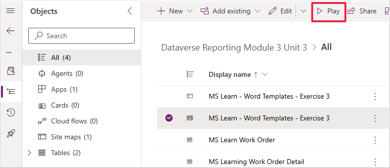 Screenshot of the Power Apps portal. Focus is on the selected model-driven app and the Play menu option.