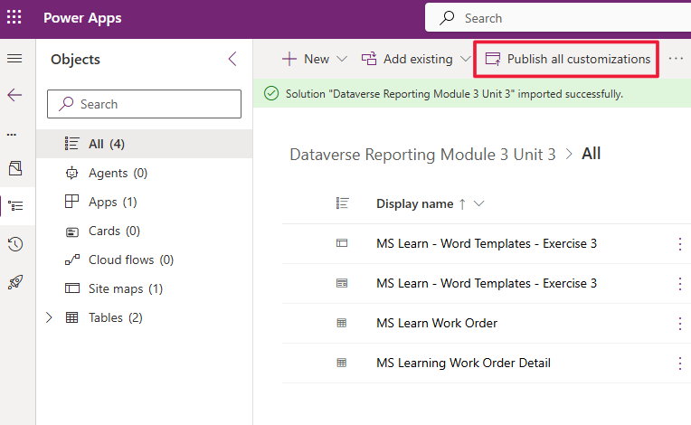 Screenshot of the Power Apps portal. Focus is on the Publish all customizations menu option.