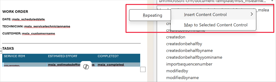 Screenshot of the XML Mapping pane in Word. Focus is on the Repeating option for the work order detail relationship and on the selected first row of the table in the document.