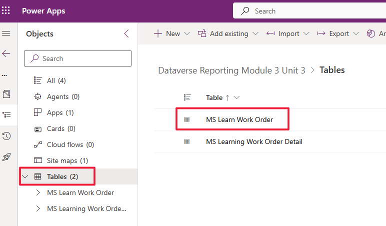 Screenshot of the Tables with focus on the Tables and on the MS Learn Work Order table.
