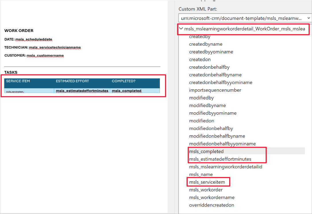 Screenshot of Microsoft Word. Focus is on the work order detail relationship, the selected fields, and table definition in the document.