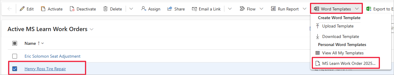 Screenshot of the uploaded template option in the Personal Word Templates section of the Word Templates menu.