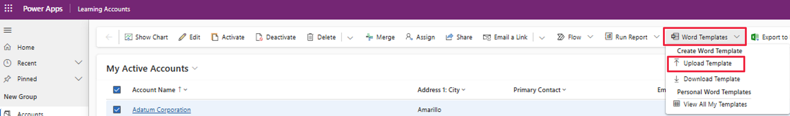 Screenshot of a sample model-driven app, displaying a list of active accounts and the first record selected. Focus is on the Upload Template option of the Word Templates dropdown menu.