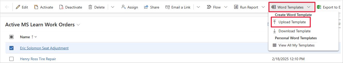 Screenshot of a list of active accounts and the first record selected. Focus is on the Upload Template option of the Word Templates menu.