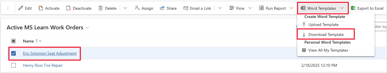 Screenshot of a sample model-driven app, displaying a list of active accounts and the first record selected. Focus is on the Download Template option from the Word Templates menu.