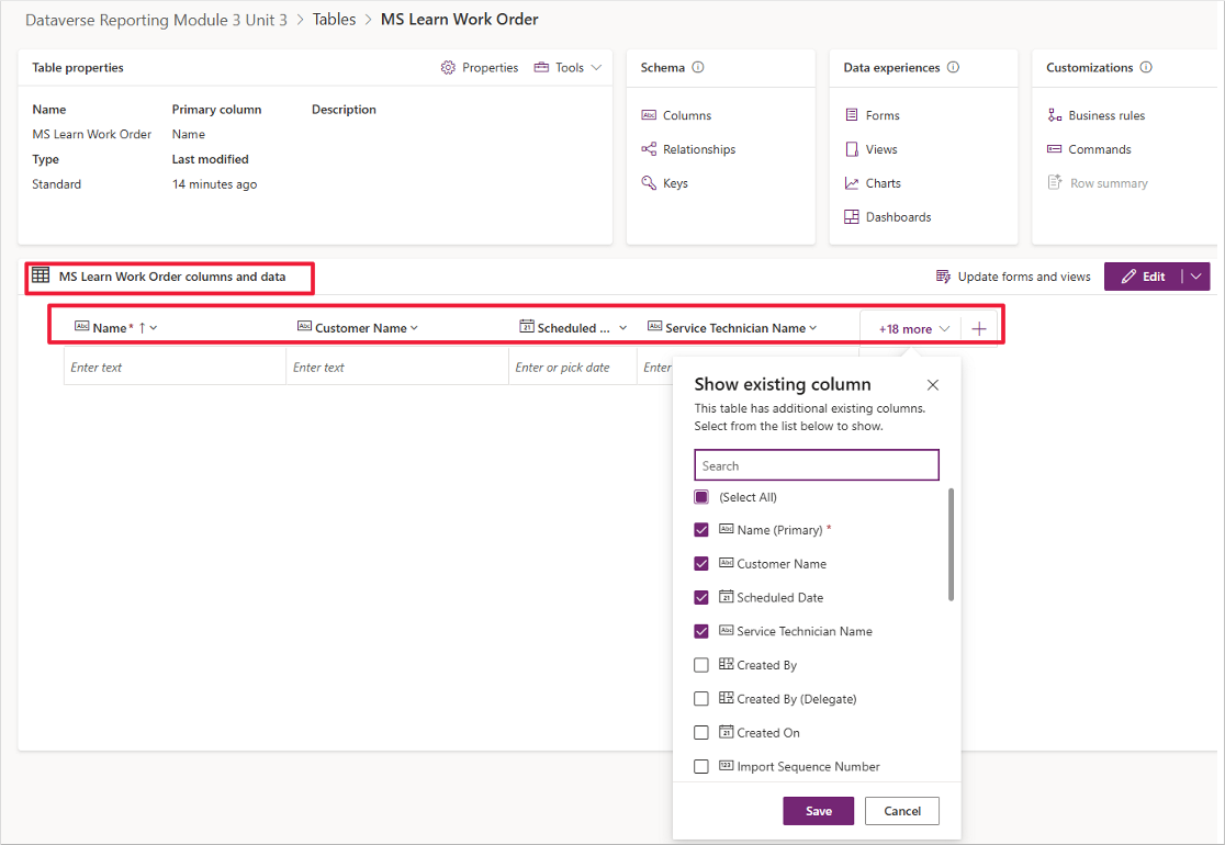 Screenshot of the Power Apps portal. Focus is on the work order columns and data.