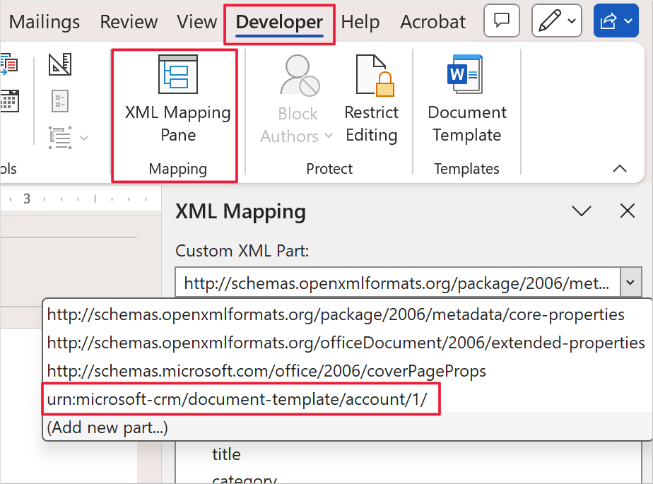 Screenshot of Microsoft Word. Focus is on the XML Mapping Pane on the Developer menu. Focus is also on the Custom XML Part option.